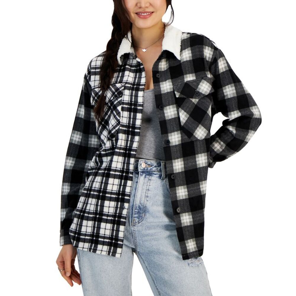 Just Polly Juniors' Plaid Polar Fleece Sherpa-Collar Shacket